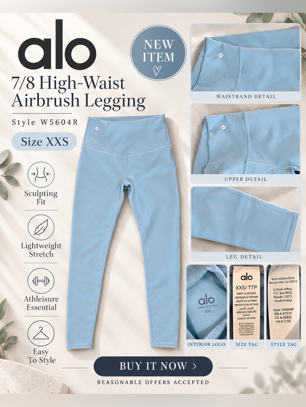 Alo Yoga 7/8 High-Waist Airbrush Leggings XXS Blue W5604R